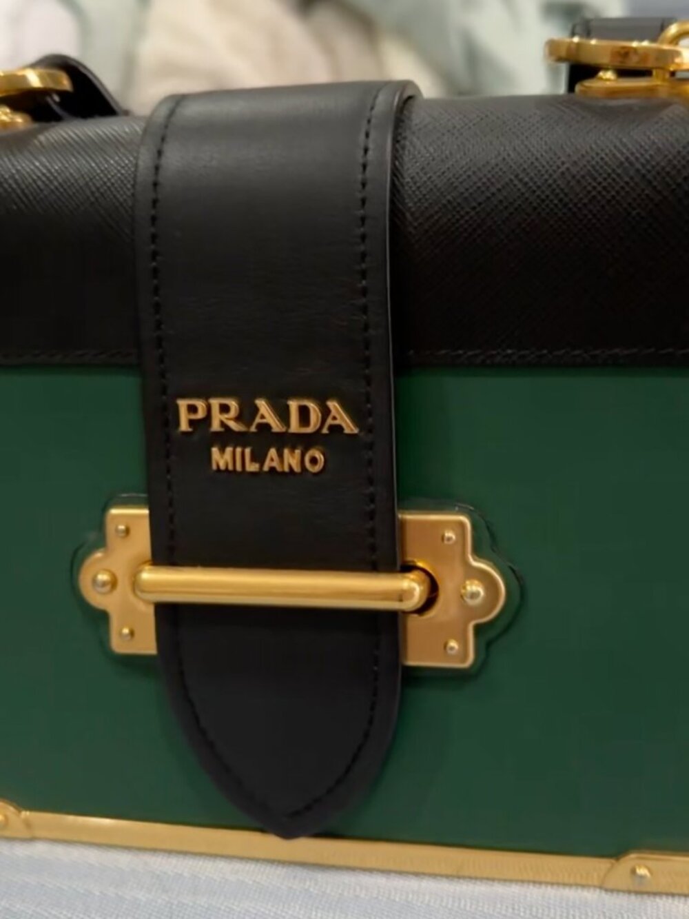 Prada Cahier Crossbody Bag Green Black Saffiano Leather Gold Hardware Rare